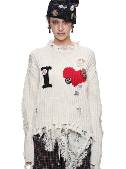 Letter Heart-Shaped Lazy High-End Ripped Pullover Sweater【s0000018646】