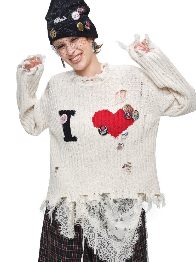 Letter Heart-Shaped Lazy High-End Ripped Pullover Sweater【s0000018646】