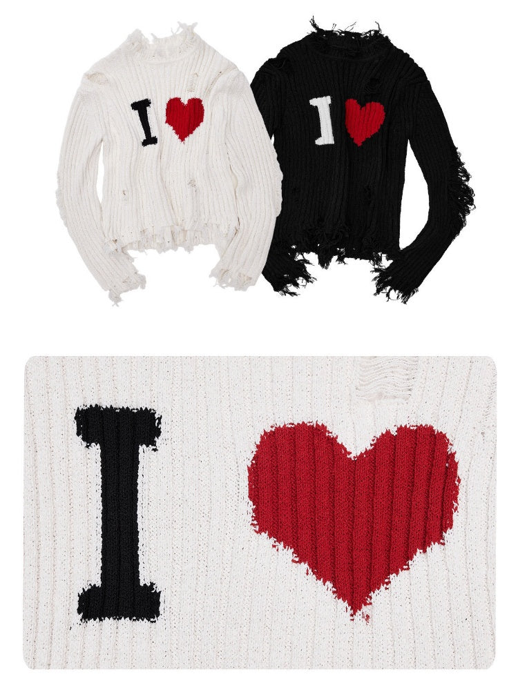 Letter Heart-Shaped Lazy High-End Ripped Pullover Sweater【s0000018646】