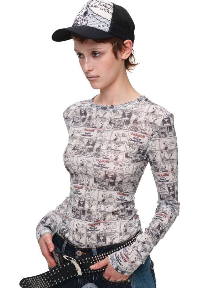 1JINN STUDIO x Snoopy Collaboration Vintage Newspaper Full-Print Base Shirt【s0000018647】