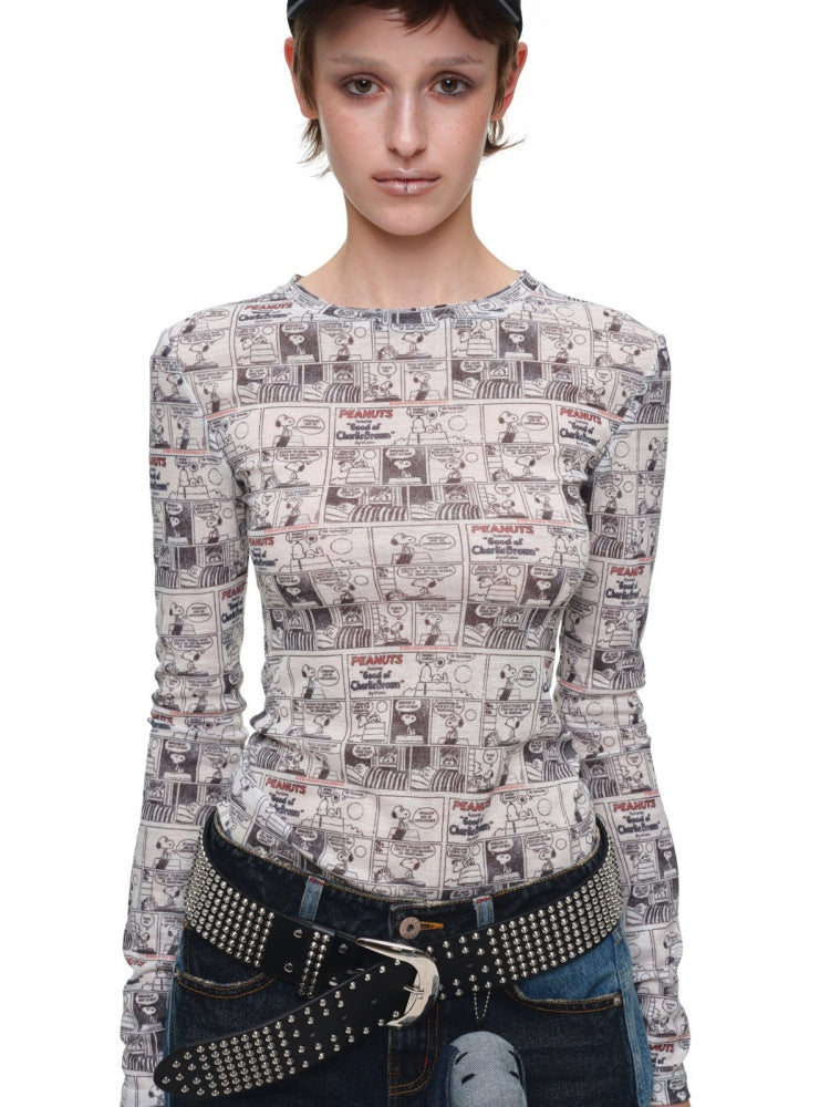 1JINN STUDIO x Snoopy Collaboration Vintage Newspaper Full-Print Base Shirt【s0000018647】