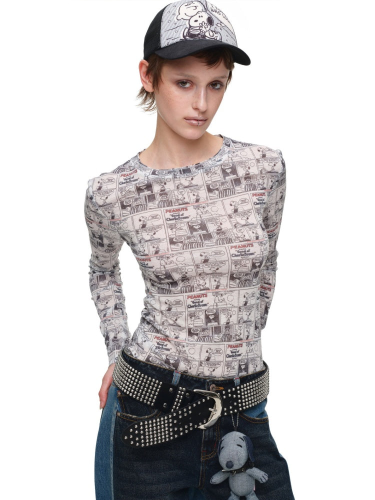 1JINN STUDIO x Snoopy Collaboration Vintage Newspaper Full-Print Base Shirt【s0000018647】