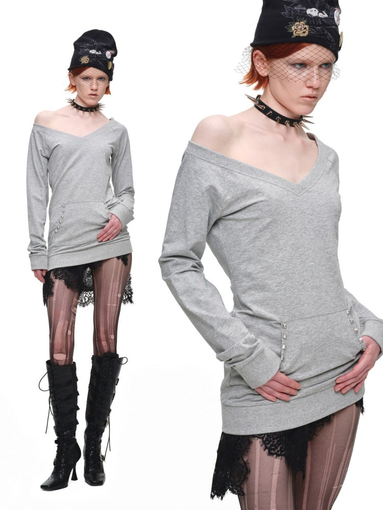 V-Neck Studded Solid Color Slim Mid-Length Sweatshirt Top【s0000018649】