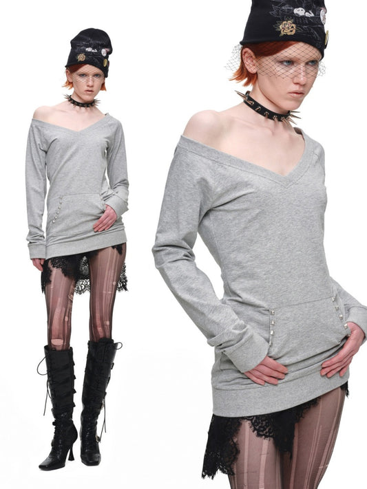 V-Neck Studded Solid Color Slim Mid-Length Sweatshirt Top【s0000018649】