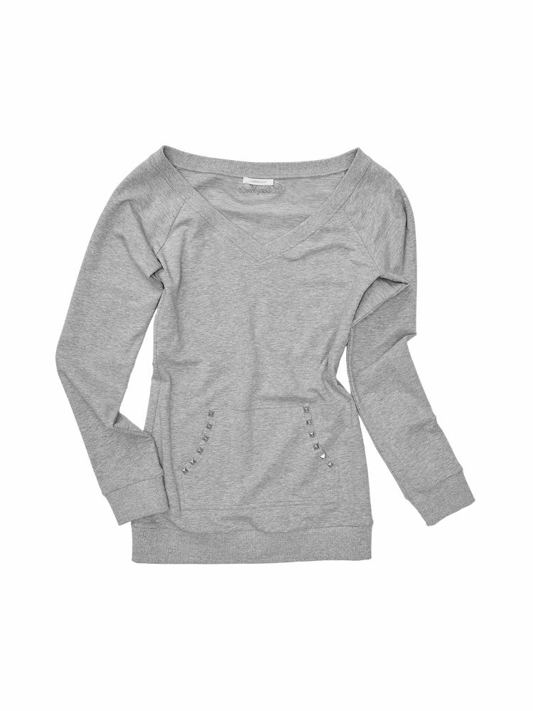 V-Neck Studded Solid Color Slim Mid-Length Sweatshirt Top【s0000018649】