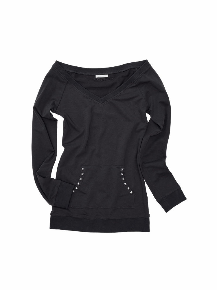 V-Neck Studded Solid Color Slim Mid-Length Sweatshirt Top【s0000018649】