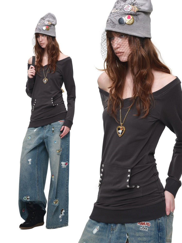 V-Neck Studded Solid Color Slim Mid-Length Sweatshirt Top【s0000018649】