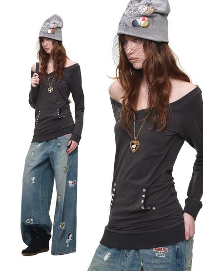V-Neck Studded Solid Color Slim Mid-Length Sweatshirt Top【s0000018649】