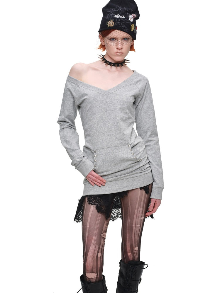 V-Neck Studded Solid Color Slim Mid-Length Sweatshirt Top【s0000018649】