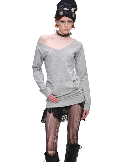 V-Neck Studded Solid Color Slim Mid-Length Sweatshirt Top【s0000018649】