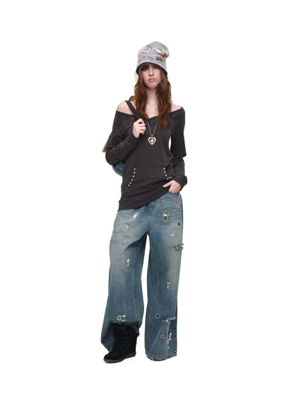 V-Neck Studded Solid Color Slim Mid-Length Sweatshirt Top【s0000018649】