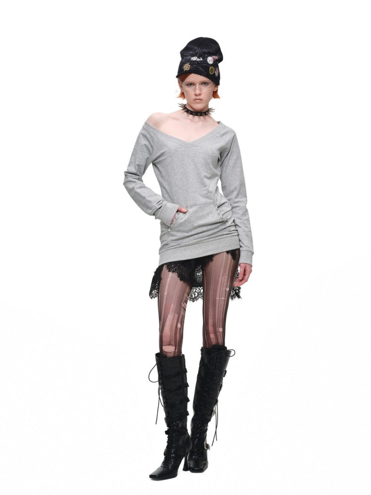 V-Neck Studded Solid Color Slim Mid-Length Sweatshirt Top【s0000018649】