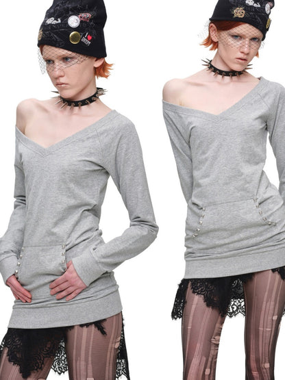 V-Neck Studded Solid Color Slim Mid-Length Sweatshirt Top【s0000018649】