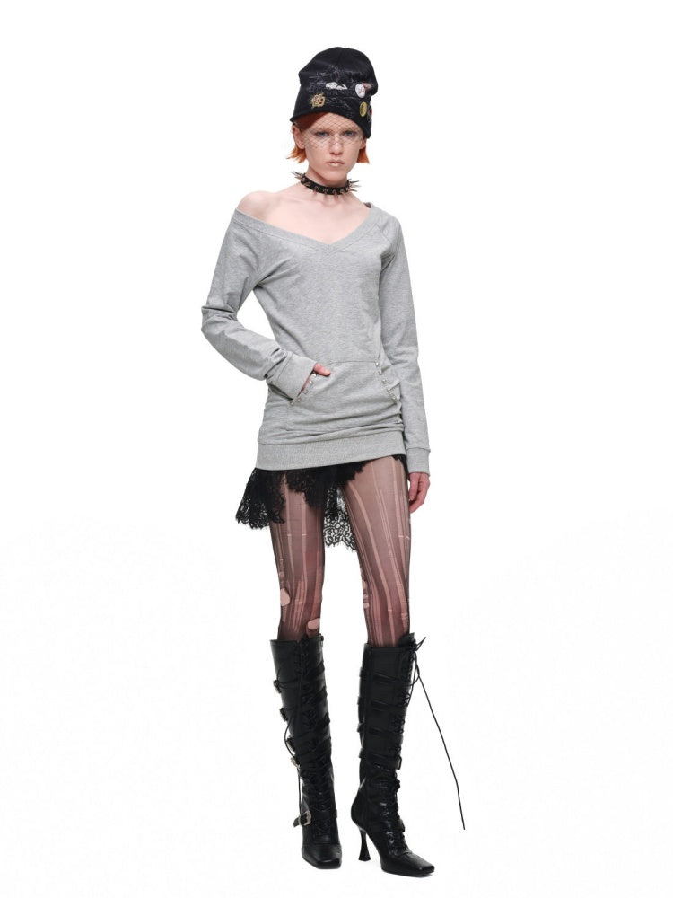 V-Neck Studded Solid Color Slim Mid-Length Sweatshirt Top【s0000018649】