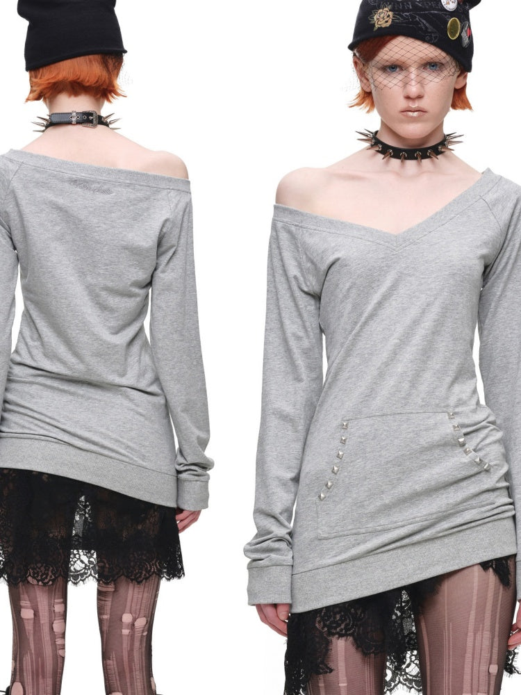 V-Neck Studded Solid Color Slim Mid-Length Sweatshirt Top【s0000018649】