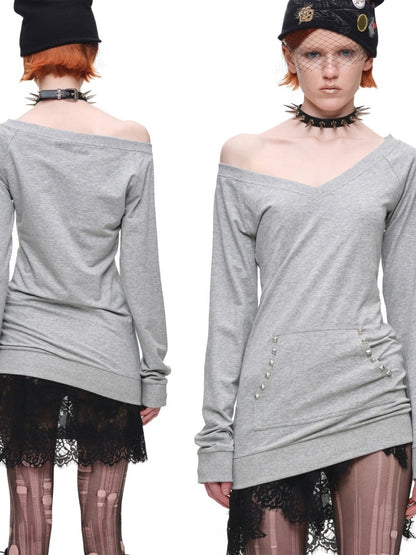 V-Neck Studded Solid Color Slim Mid-Length Sweatshirt Top【s0000018649】