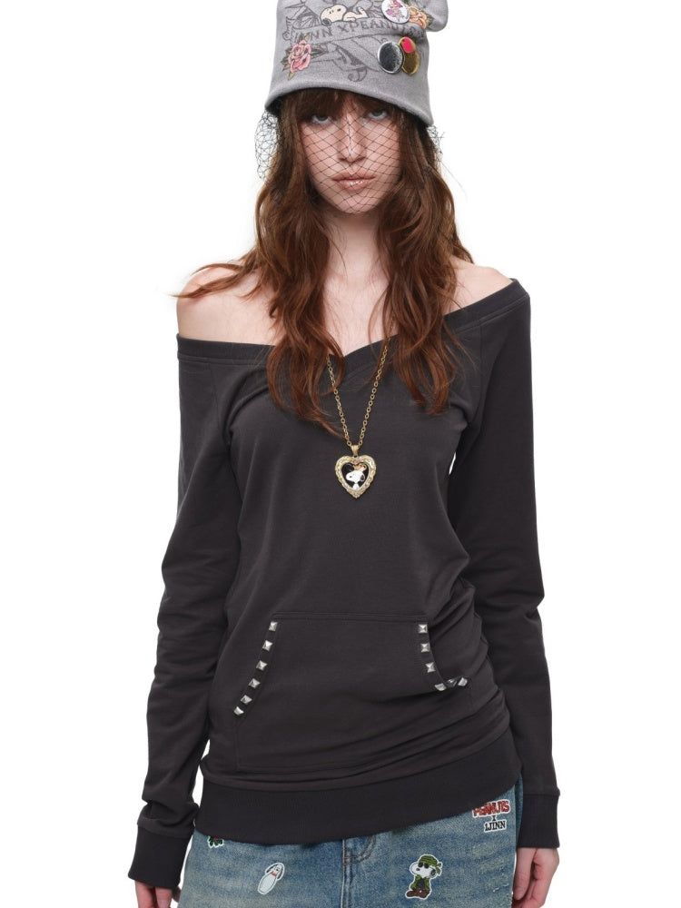 V-Neck Studded Solid Color Slim Mid-Length Sweatshirt Top【s0000018649】