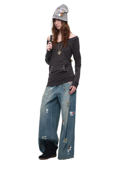 V-Neck Studded Solid Color Slim Mid-Length Sweatshirt Top【s0000018649】