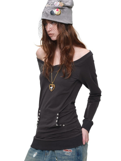 V-Neck Studded Solid Color Slim Mid-Length Sweatshirt Top【s0000018649】
