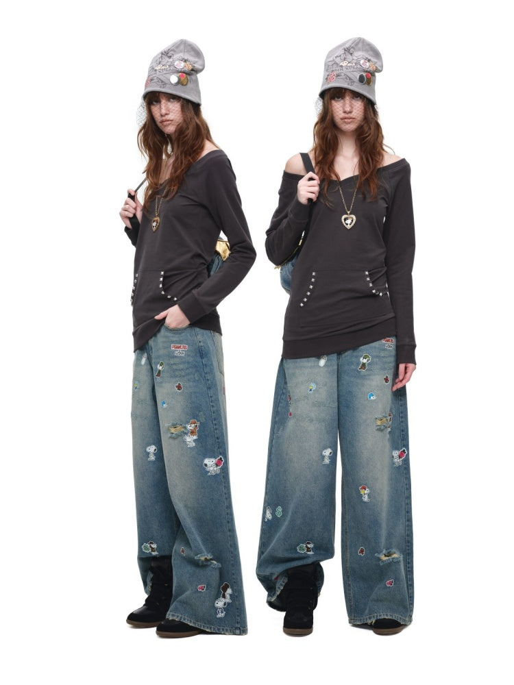 V-Neck Studded Solid Color Slim Mid-Length Sweatshirt Top【s0000018649】
