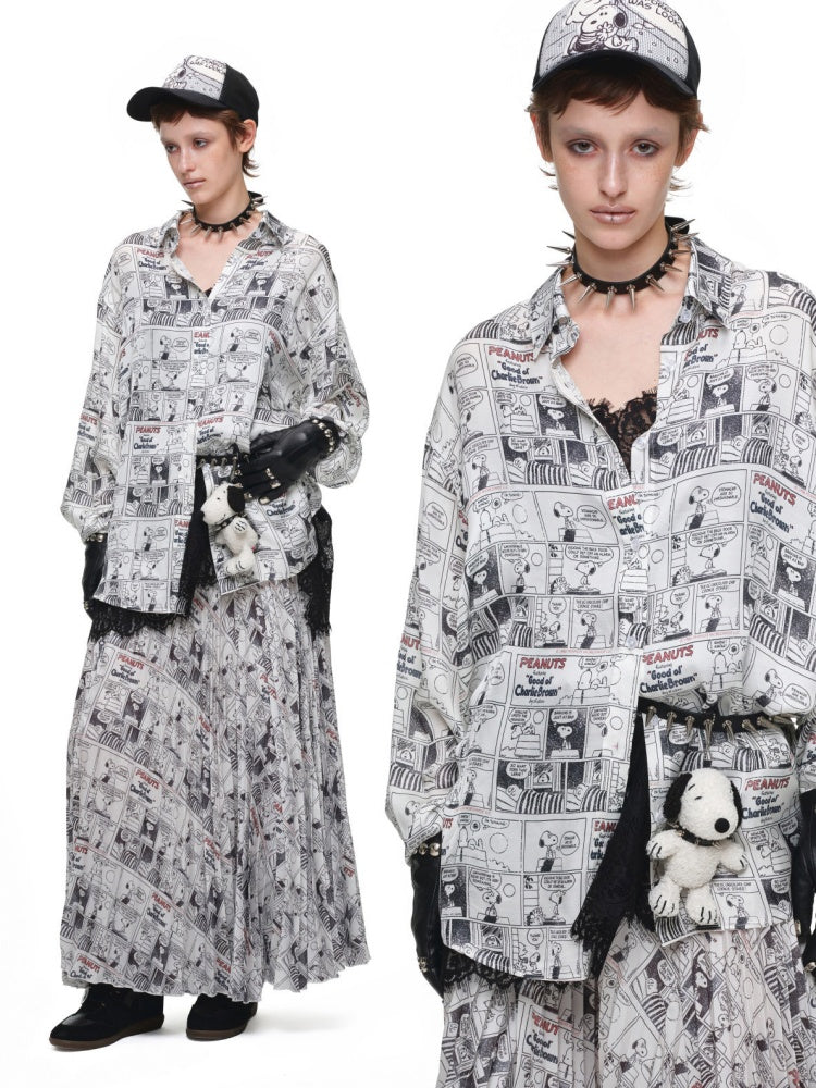 1JINN STUDIO x Snoopy Collaboration Vintage Newspaper Loose Shirt【s0000018650】