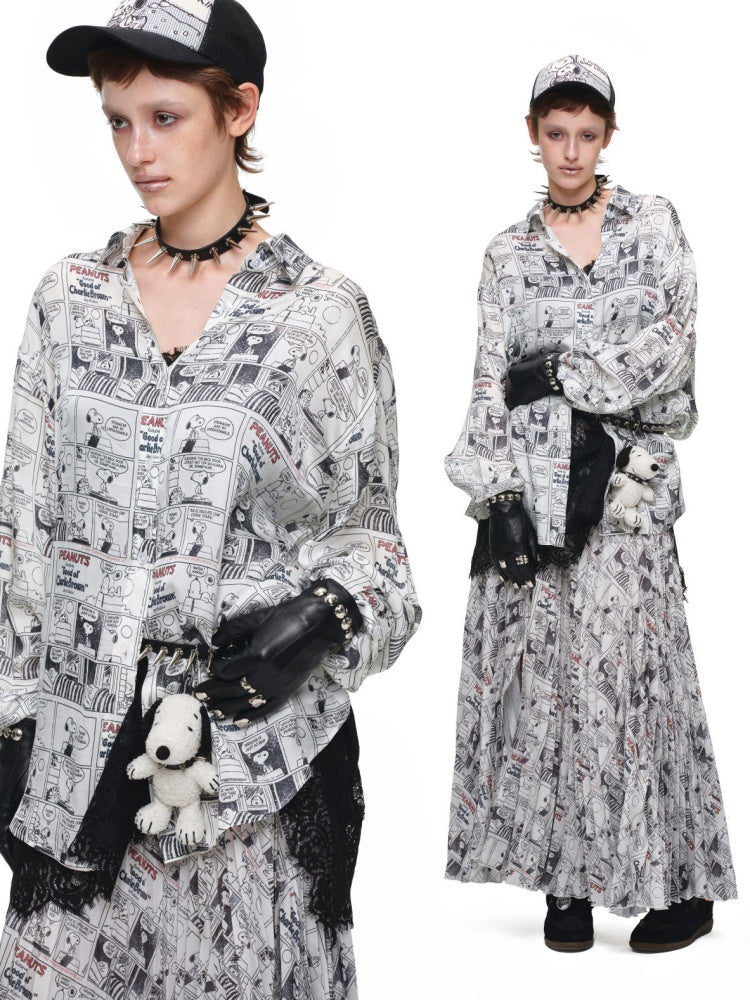 1JINN STUDIO x Snoopy Collaboration Vintage Newspaper Loose Shirt【s0000018650】