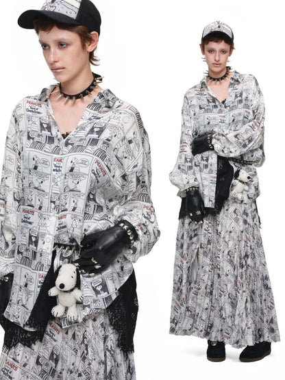 1JINN STUDIO x Snoopy Collaboration Vintage Newspaper Loose Shirt【s0000018650】