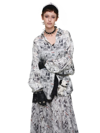 1JINN STUDIO x Snoopy Collaboration Vintage Newspaper Loose Shirt【s0000018650】