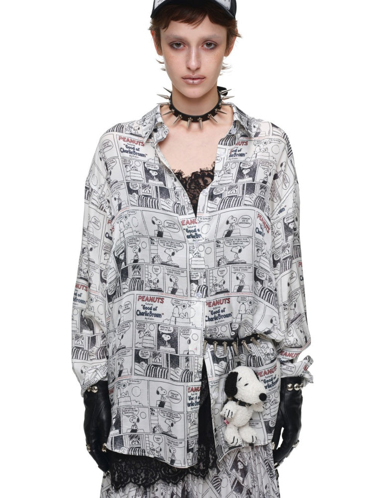 1JINN STUDIO x Snoopy Collaboration Vintage Newspaper Loose Shirt【s0000018650】