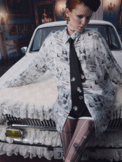 1JINN STUDIO x Snoopy Collaboration Vintage Newspaper Loose Shirt【s0000018650】