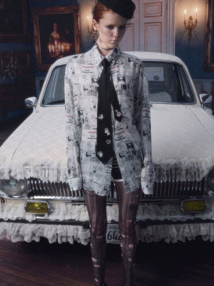 1JINN STUDIO x Snoopy Collaboration Vintage Newspaper Loose Shirt【s0000018650】