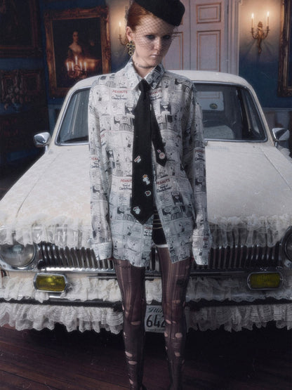 1JINN STUDIO x Snoopy Collaboration Vintage Newspaper Loose Shirt【s0000018650】