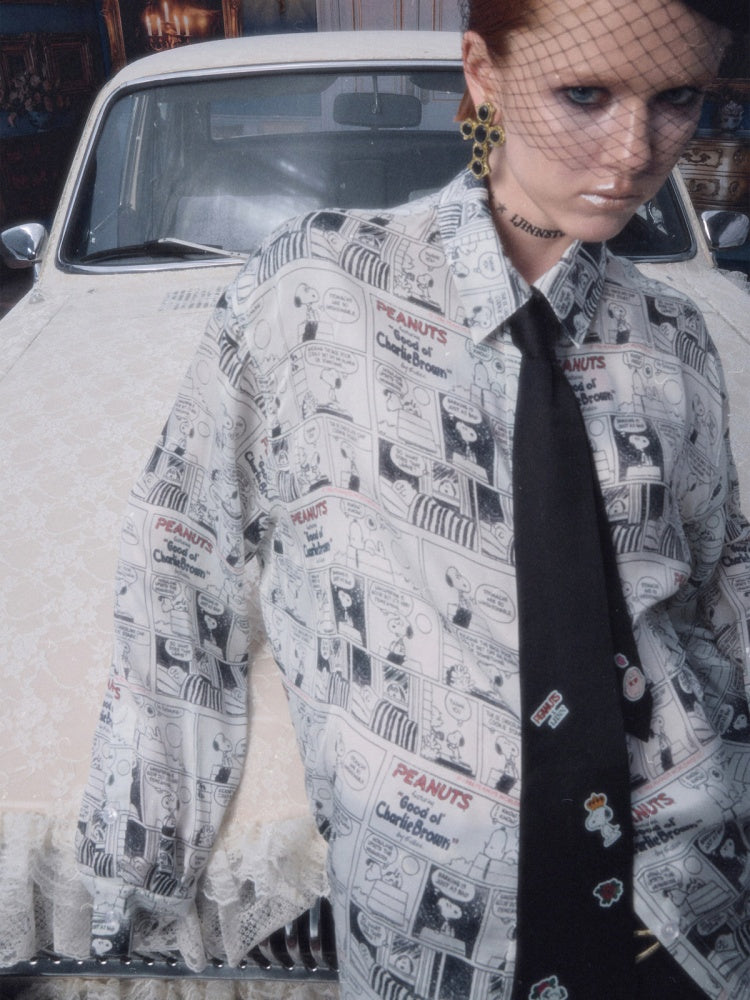 1JINN STUDIO x Snoopy Collaboration Vintage Newspaper Loose Shirt【s0000018650】