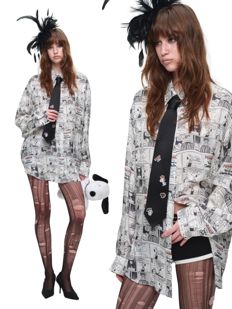 1JINN STUDIO x Snoopy Collaboration Vintage Newspaper Loose Shirt【s0000018650】