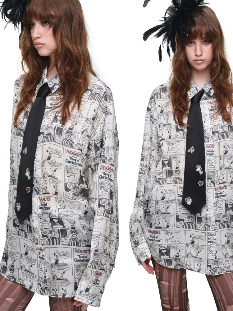 1JINN STUDIO x Snoopy Collaboration Vintage Newspaper Loose Shirt【s0000018650】