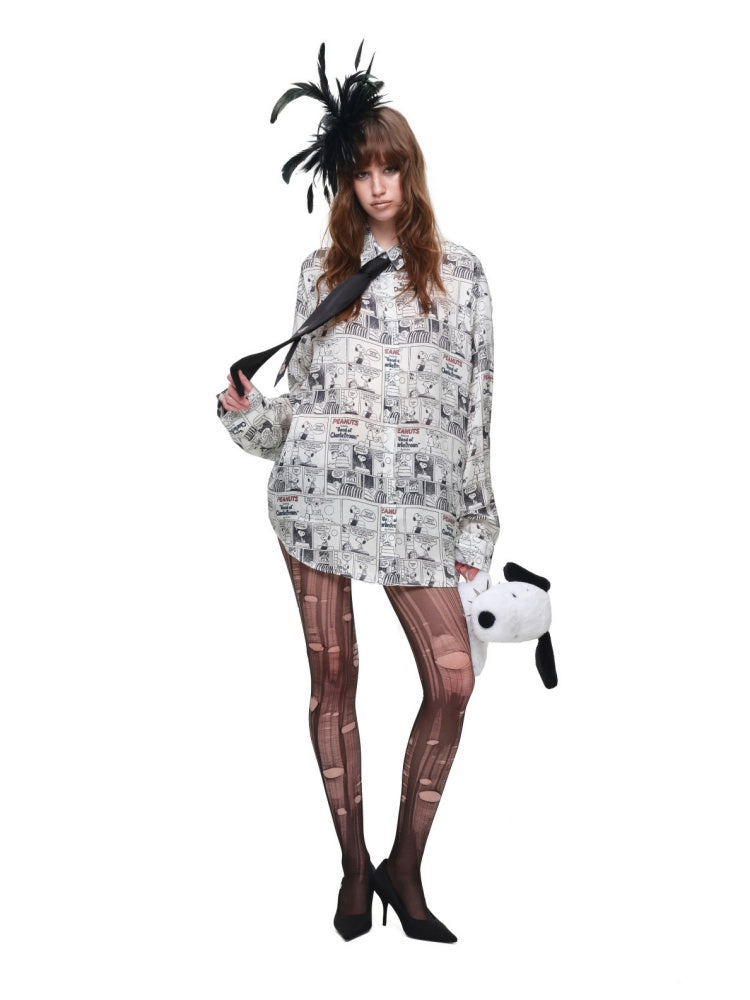 1JINN STUDIO x Snoopy Collaboration Vintage Newspaper Loose Shirt【s0000018650】