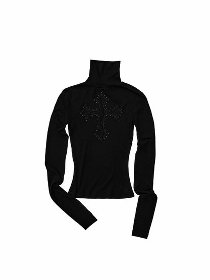 Cross Lace Rhinestone High Neck Slim Knit Base Layer【s0000018651】
