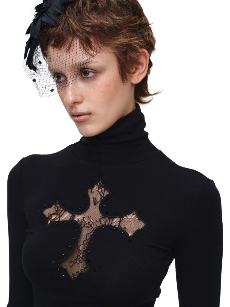Cross Lace Rhinestone High Neck Slim Knit Base Layer【s0000018651】