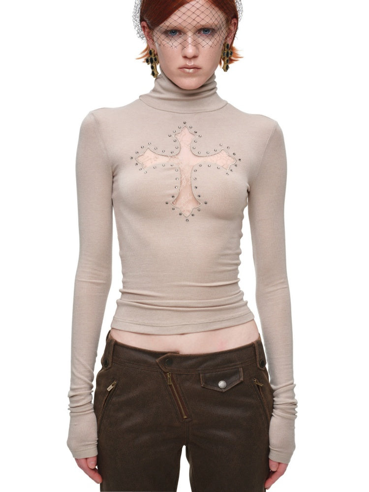 Cross Lace Rhinestone High Neck Slim Knit Base Layer【s0000018651】
