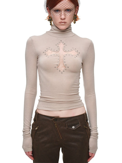 Cross Lace Rhinestone High Neck Slim Knit Base Layer【s0000018651】