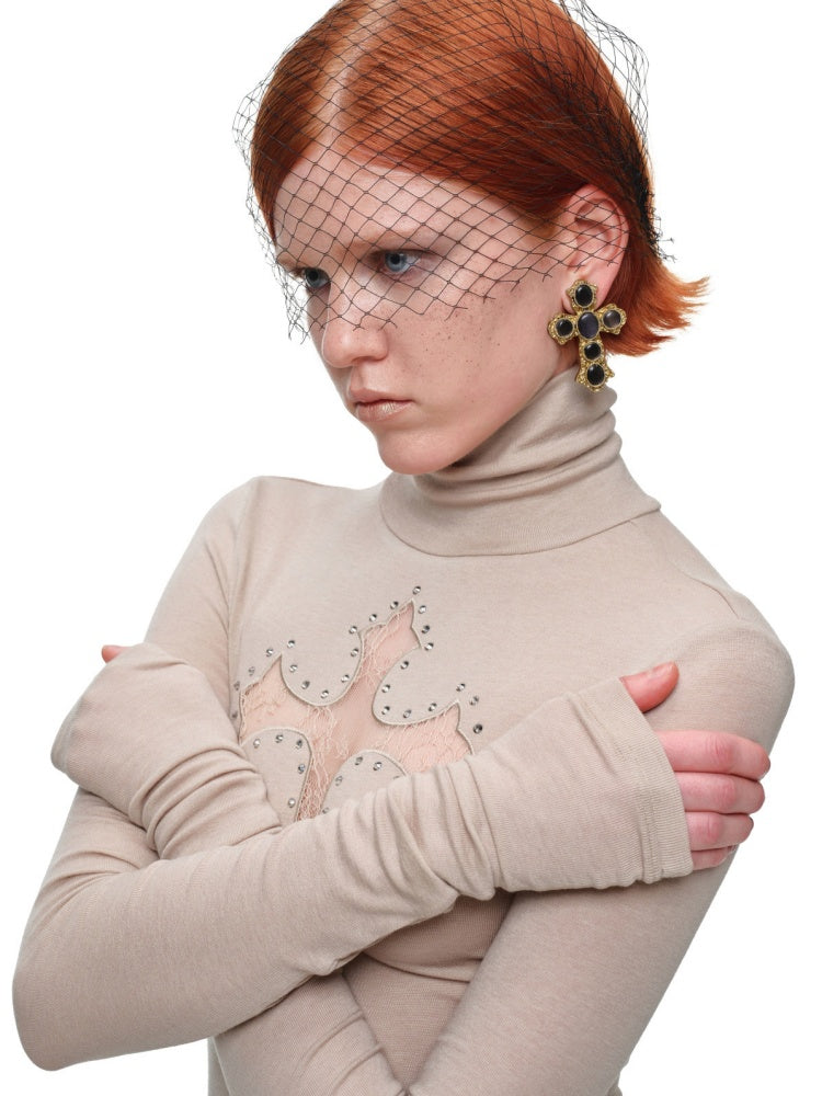 Cross Lace Rhinestone High Neck Slim Knit Base Layer【s0000018651】