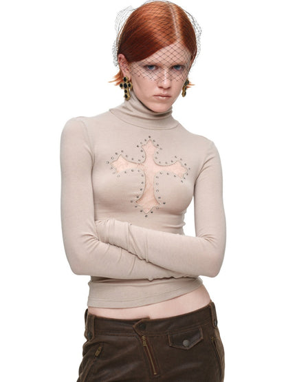 Cross Lace Rhinestone High Neck Slim Knit Base Layer【s0000018651】
