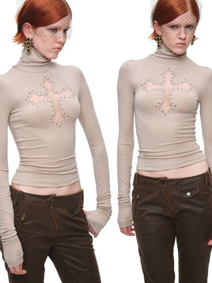 Cross Lace Rhinestone High Neck Slim Knit Base Layer【s0000018651】