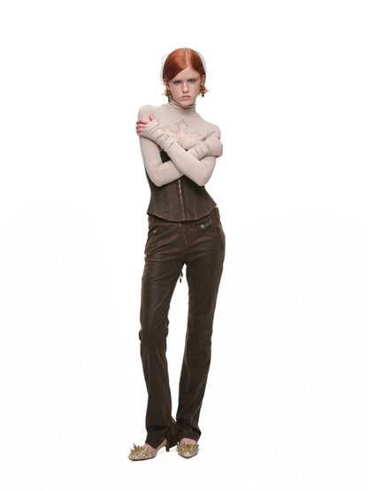 Cross Lace Rhinestone High Neck Slim Knit Base Layer【s0000018651】