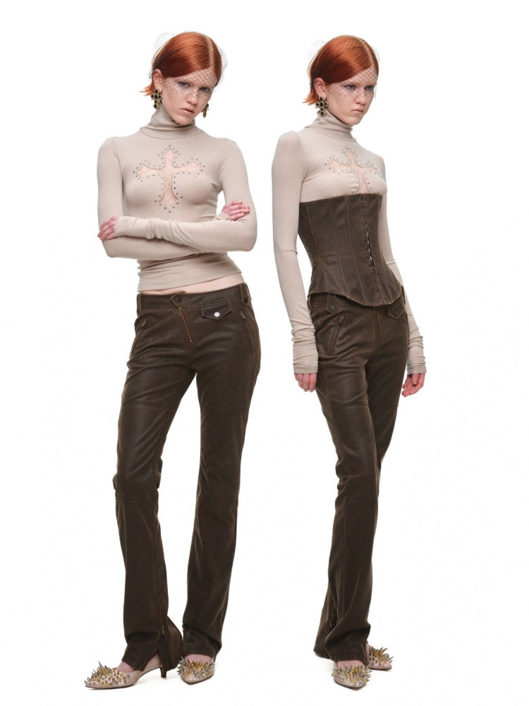 Cross Lace Rhinestone High Neck Slim Knit Base Layer【s0000018651】
