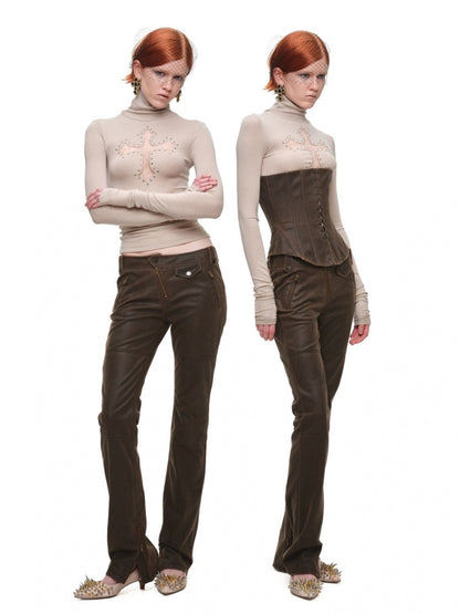 Cross Lace Rhinestone High Neck Slim Knit Base Layer【s0000018651】
