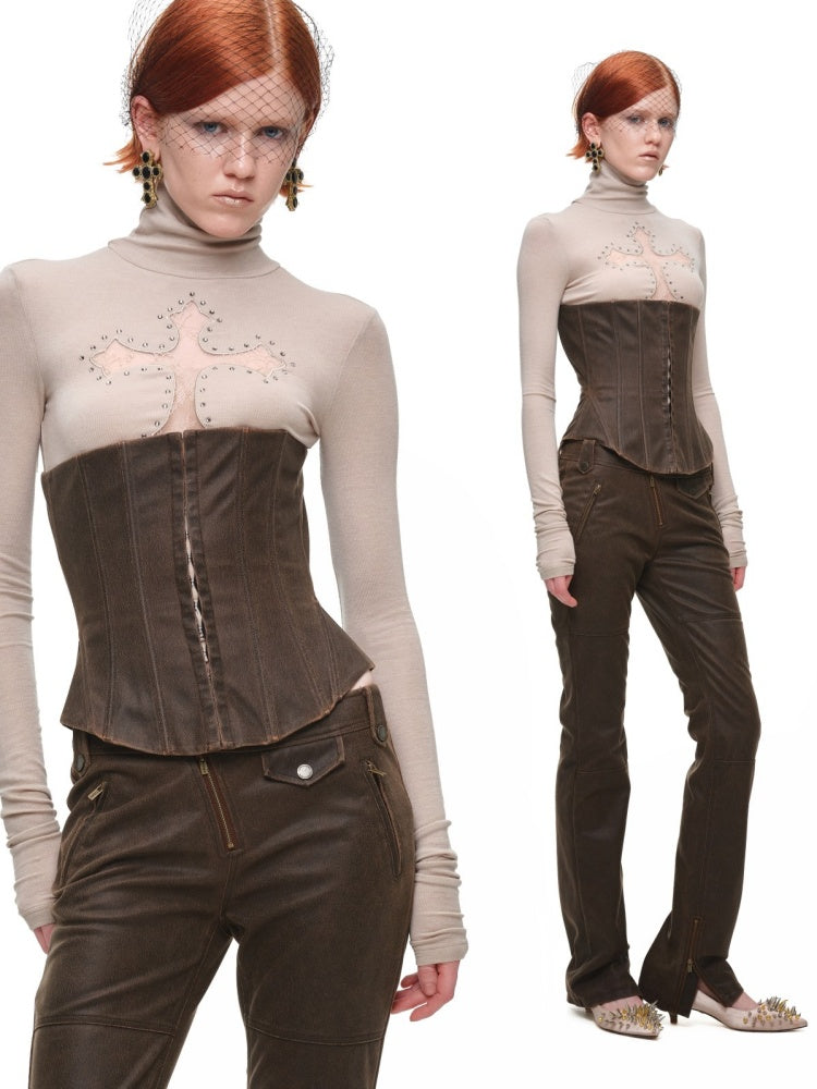 Cross Lace Rhinestone High Neck Slim Knit Base Layer【s0000018651】