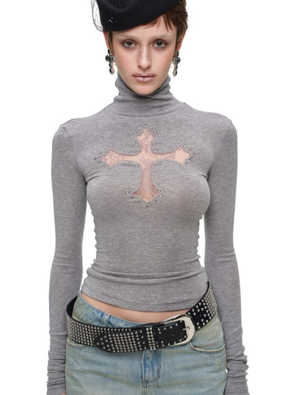 Cross Lace Rhinestone High Neck Slim Knit Base Layer【s0000018651】