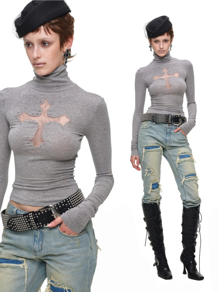 Cross Lace Rhinestone High Neck Slim Knit Base Layer【s0000018651】