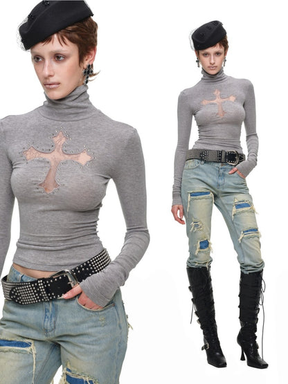 Cross Lace Rhinestone High Neck Slim Knit Base Layer【s0000018651】